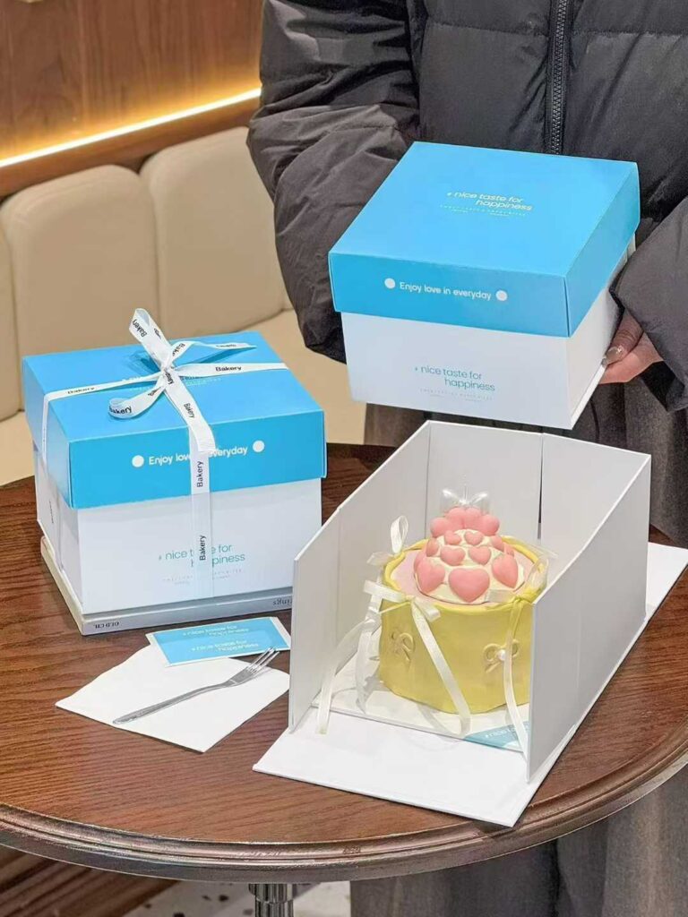 Custom Logo Cake Packaging Box with Matte Blue & White Finish
