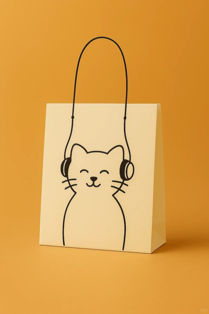 Durable Yellow Paper Shopping Bag with Black Cord Handles and Cat Graphic