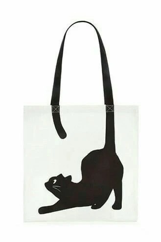 Customizable White Canvas Tote Bag with Black Cat Silhouette & Logo