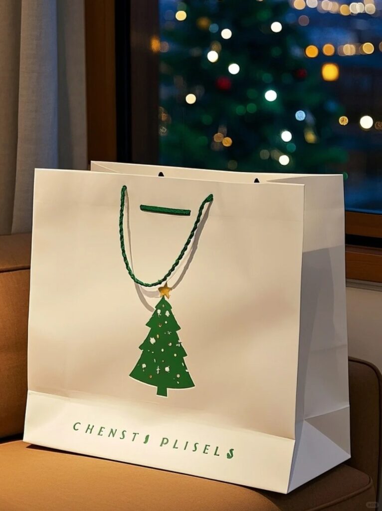 Minimalist white Christmas gift bag with custom text print